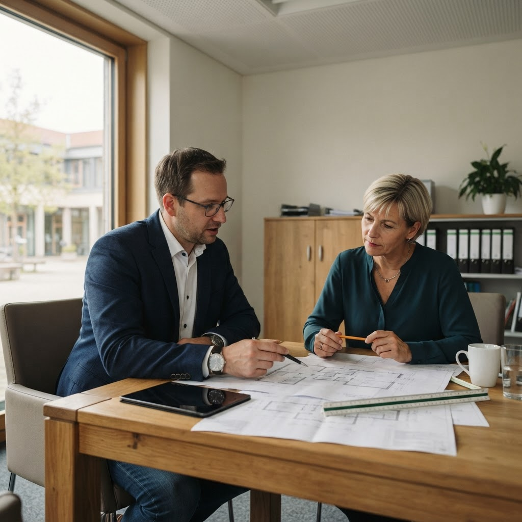 Bauingenieur und Schulleitung im Gespräch in einem Verwaltungsgebäude