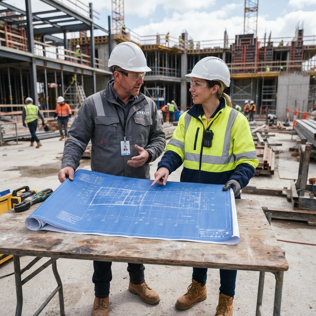 Zwei Ingenieure mit Schutzhelmen besprechen einen Plan auf der Baustelle