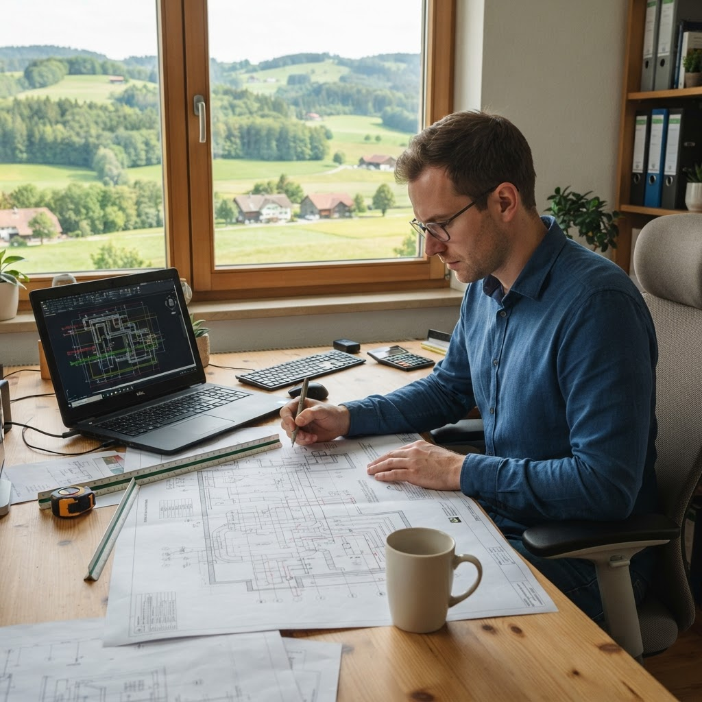 Ingenieur der Versorgungstechnik mit technischen Plänen und CAD-Zeichnung am Arbeitsplatz, im Fenster die ländliche Umgebung